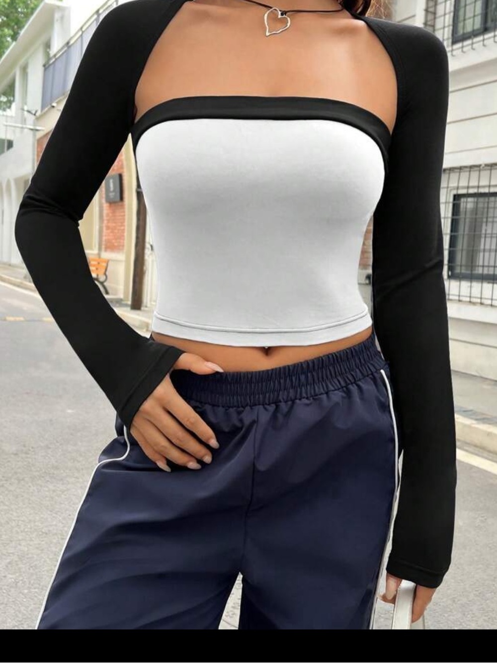 SHEIN Black & White Long Sleeve Crop Tube Top